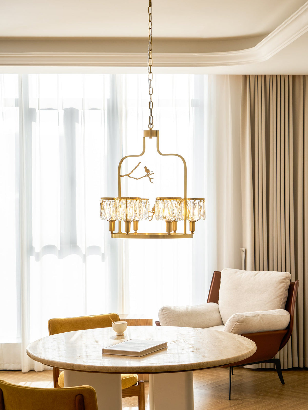 Crystal Bird Chandelier – Sculptural Brass & Carved Crystal Bird Pendant Light