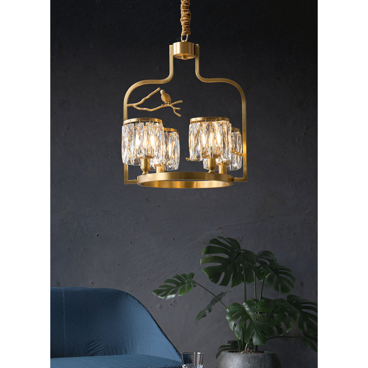 Crystal Bird Chandelier – Sculptural Brass & Carved Crystal Bird Pendant Light