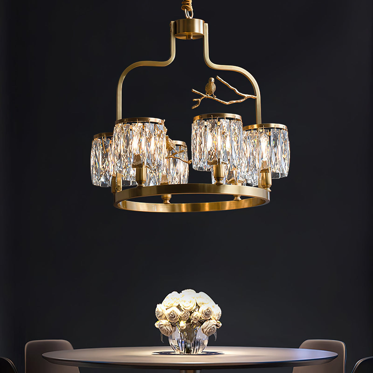 Crystal Bird Chandelier – Sculptural Brass & Carved Crystal Bird Pendant Light
