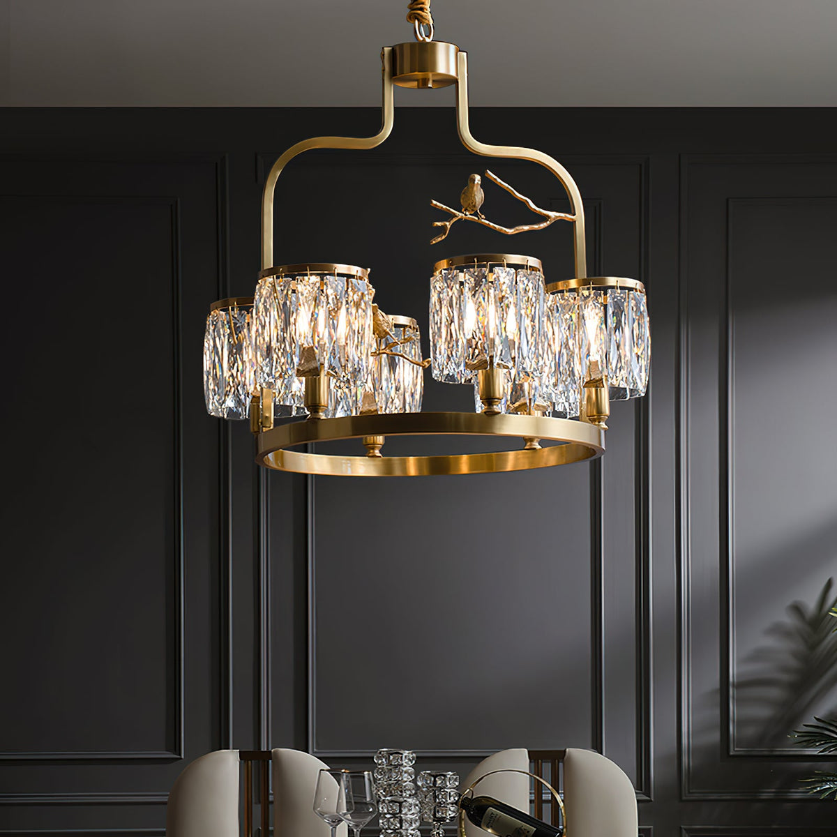 Crystal Bird Chandelier – Sculptural Brass & Carved Crystal Bird Pendant Light