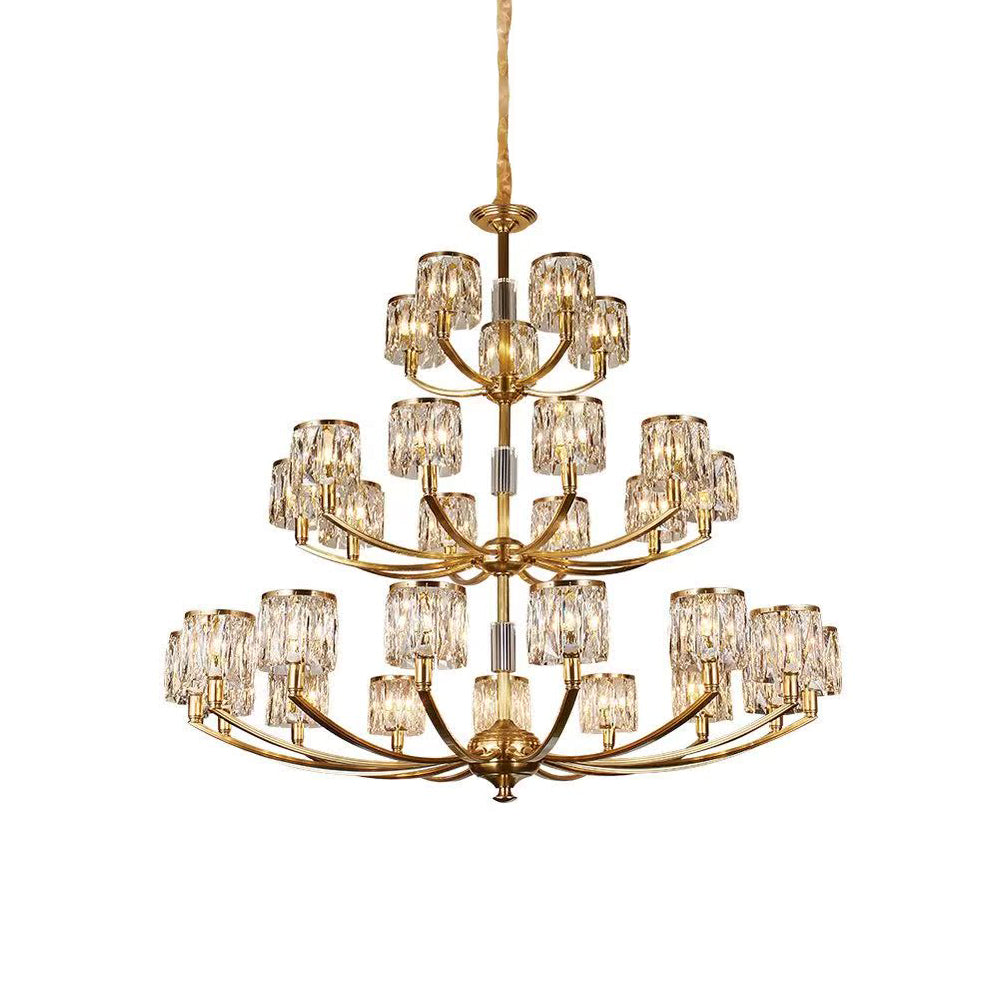 Crystal Column Brass Chandelier – Tiered Brass & Sculptural Crystal Column Chandelier
