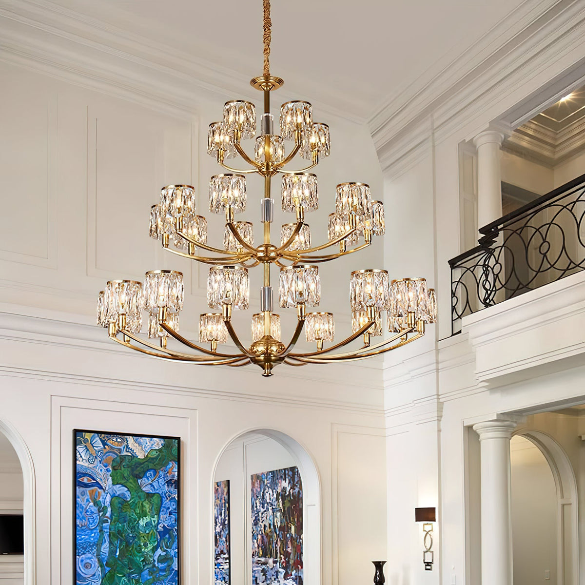 Crystal Column Brass Chandelier – Tiered Brass & Sculptural Crystal Column Chandelier