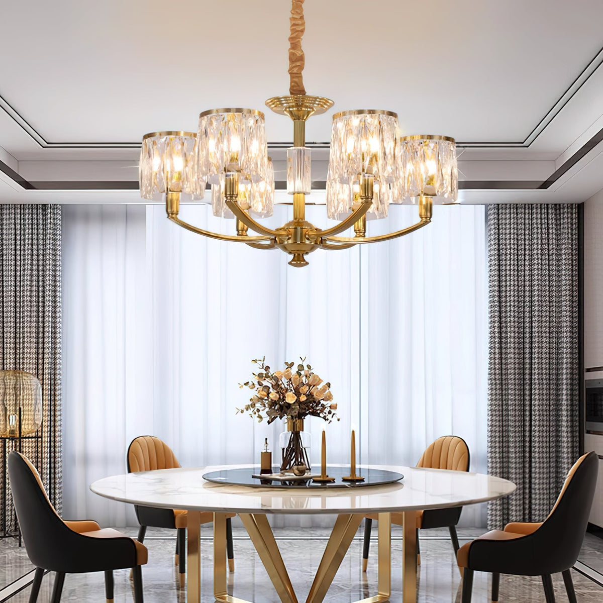 Crystal Column Brass Chandelier – Tiered Brass & Sculptural Crystal Column Chandelier