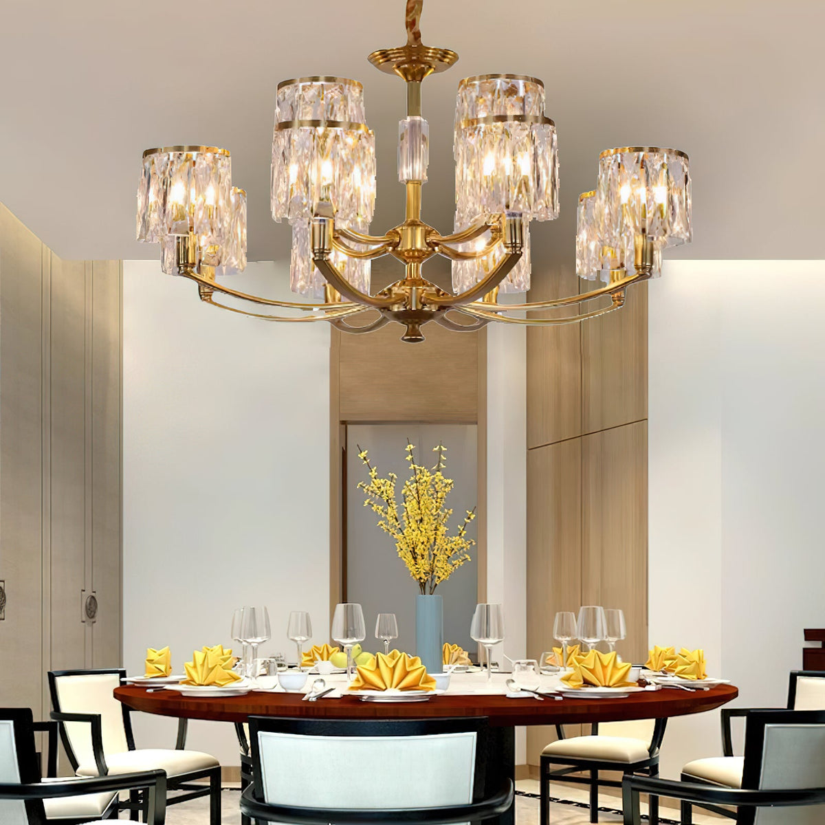 Crystal Column Brass Chandelier – Tiered Brass & Sculptural Crystal Column Chandelier