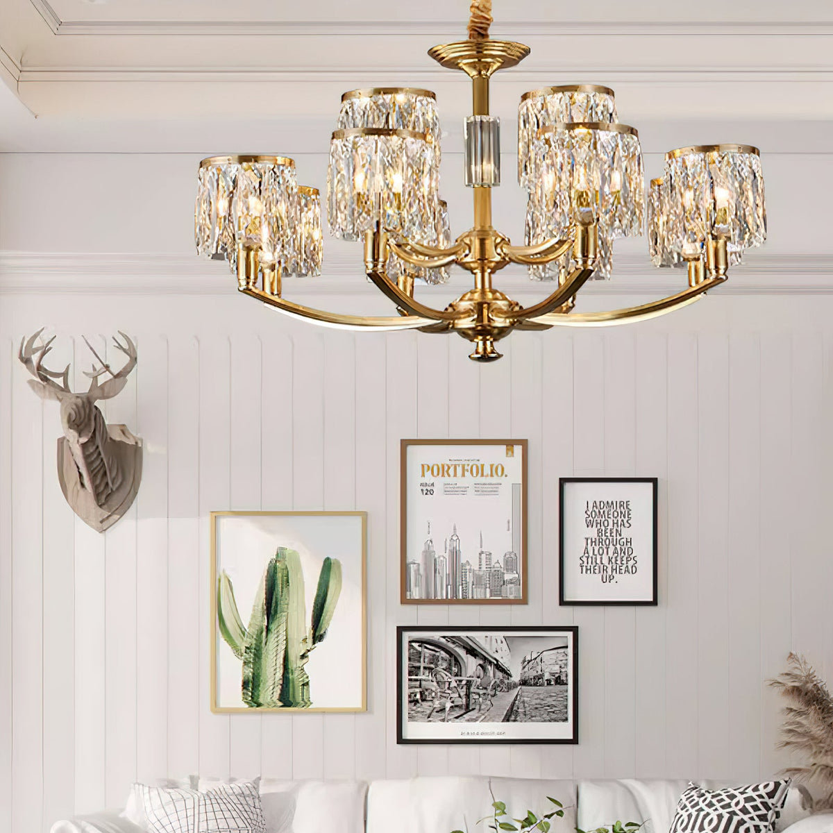 Crystal Column Brass Chandelier – Tiered Brass & Sculptural Crystal Column Chandelier