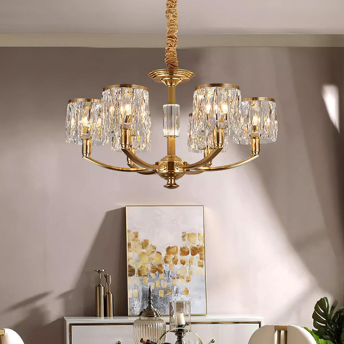 Crystal Column Brass Chandelier – Tiered Brass & Sculptural Crystal Column Chandelier
