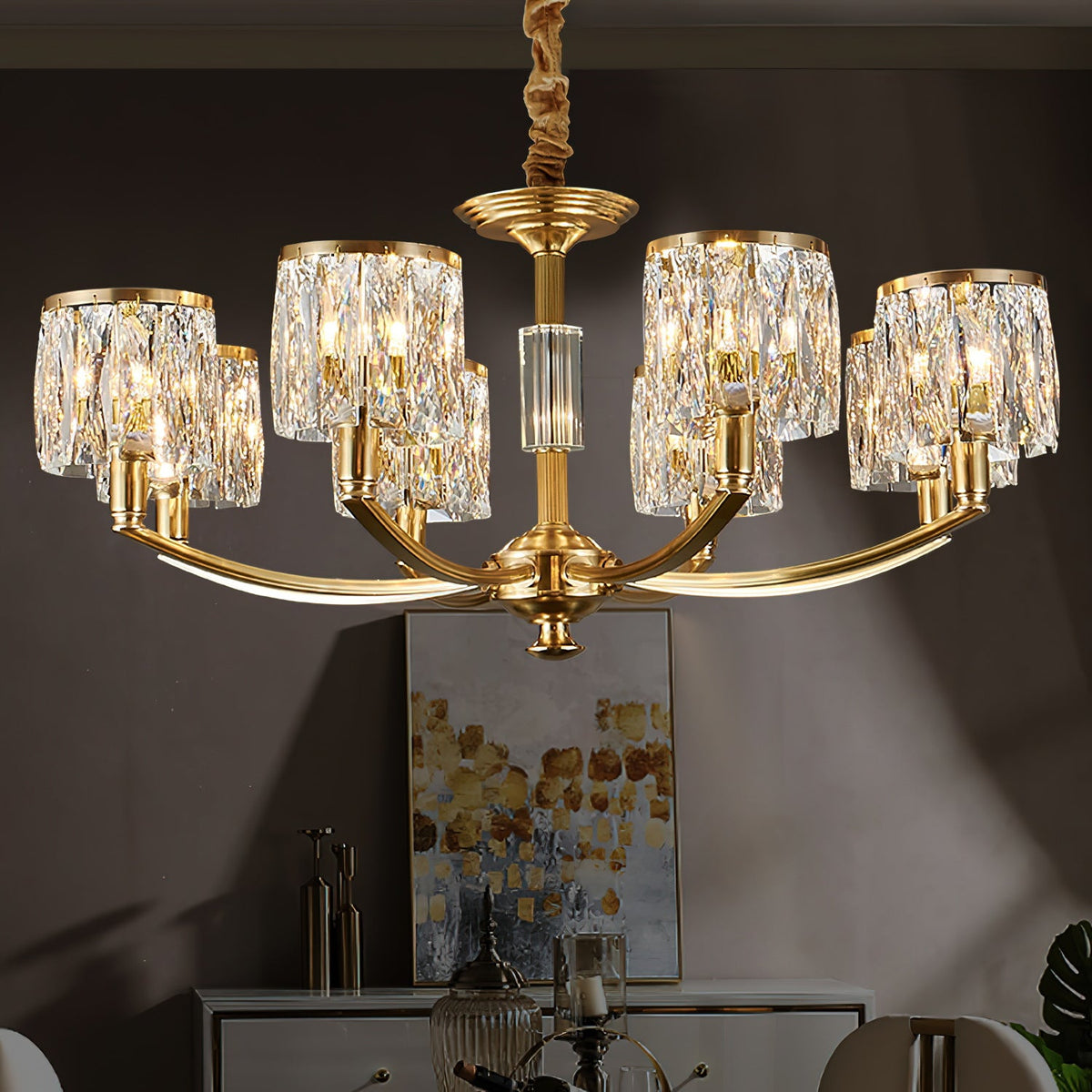 Crystal Column Brass Chandelier – Tiered Brass & Sculptural Crystal Column Chandelier