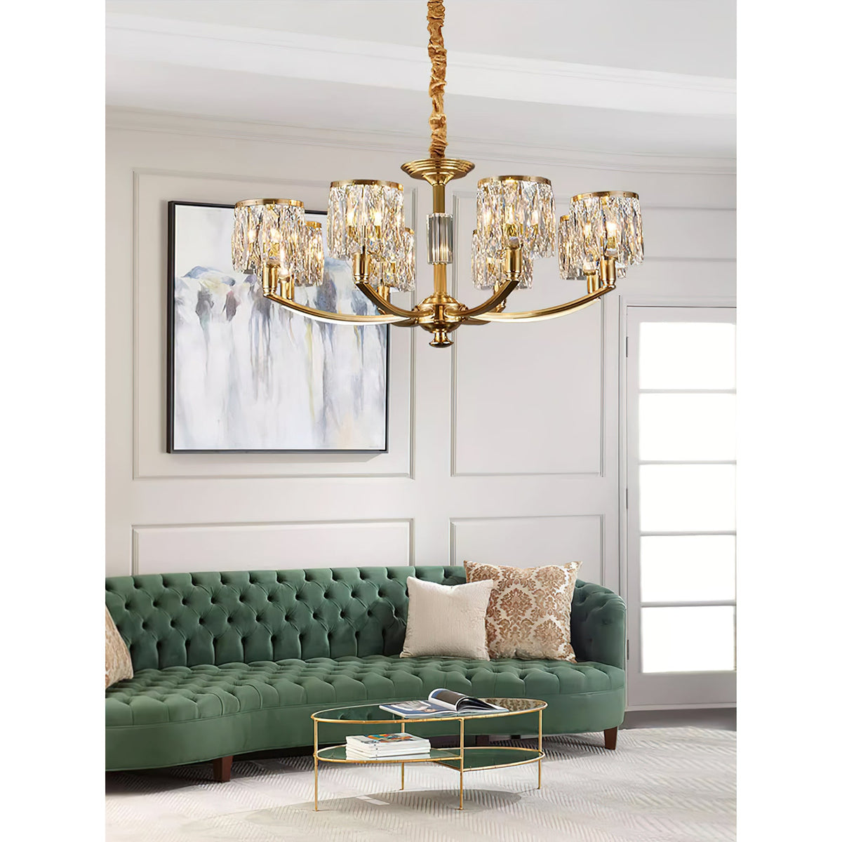 Crystal Column Brass Chandelier – Tiered Brass & Sculptural Crystal Column Chandelier