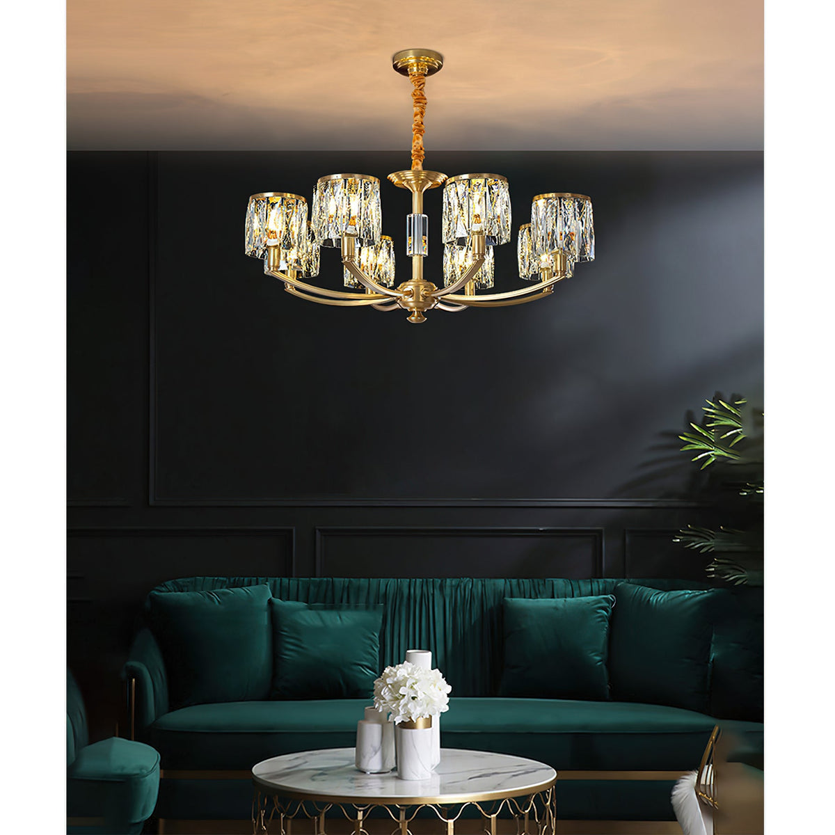 Crystal Column Brass Chandelier – Tiered Brass & Sculptural Crystal Column Chandelier