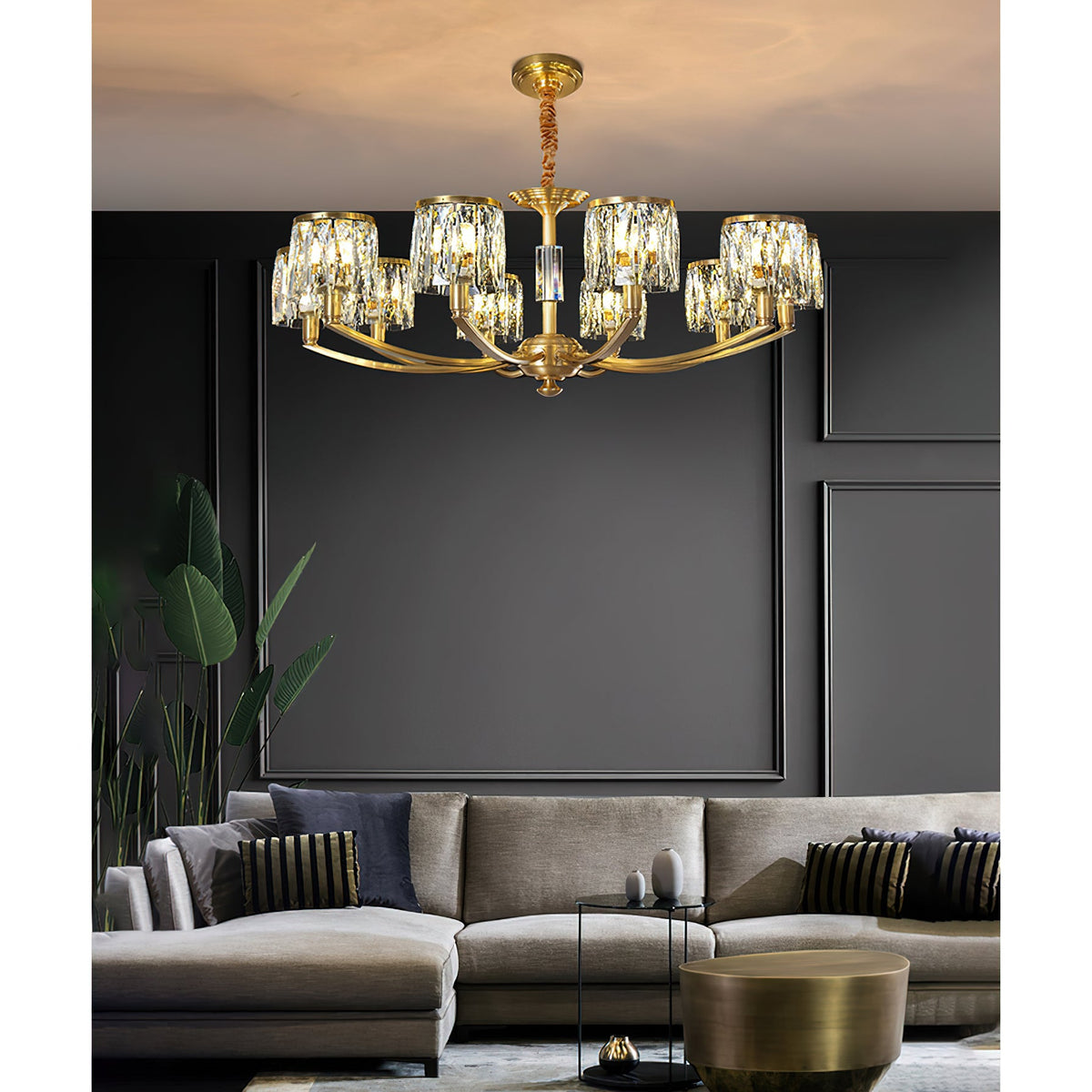 Crystal Column Brass Chandelier – Tiered Brass & Sculptural Crystal Column Chandelier