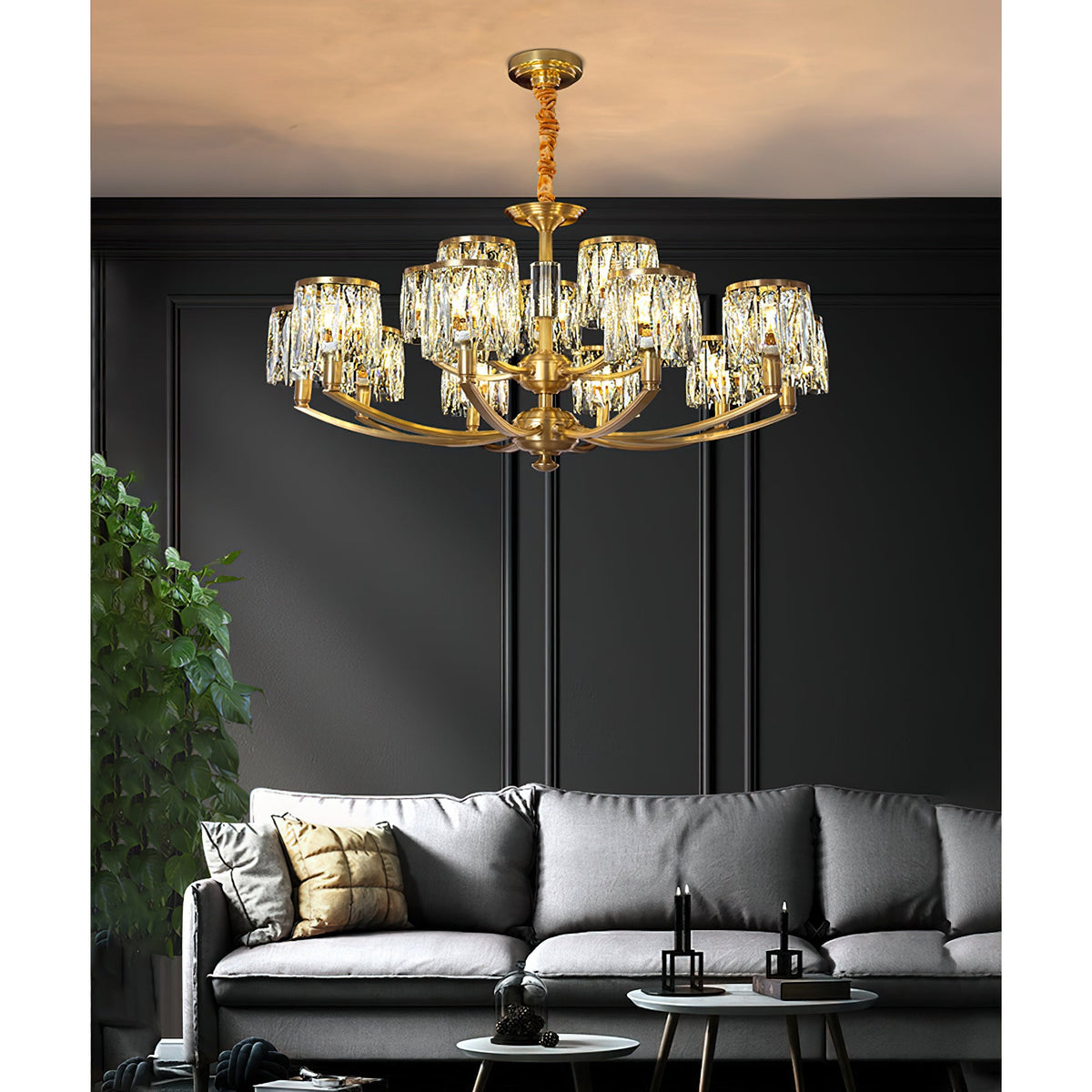 Crystal Column Brass Chandelier – Tiered Brass & Sculptural Crystal Column Chandelier