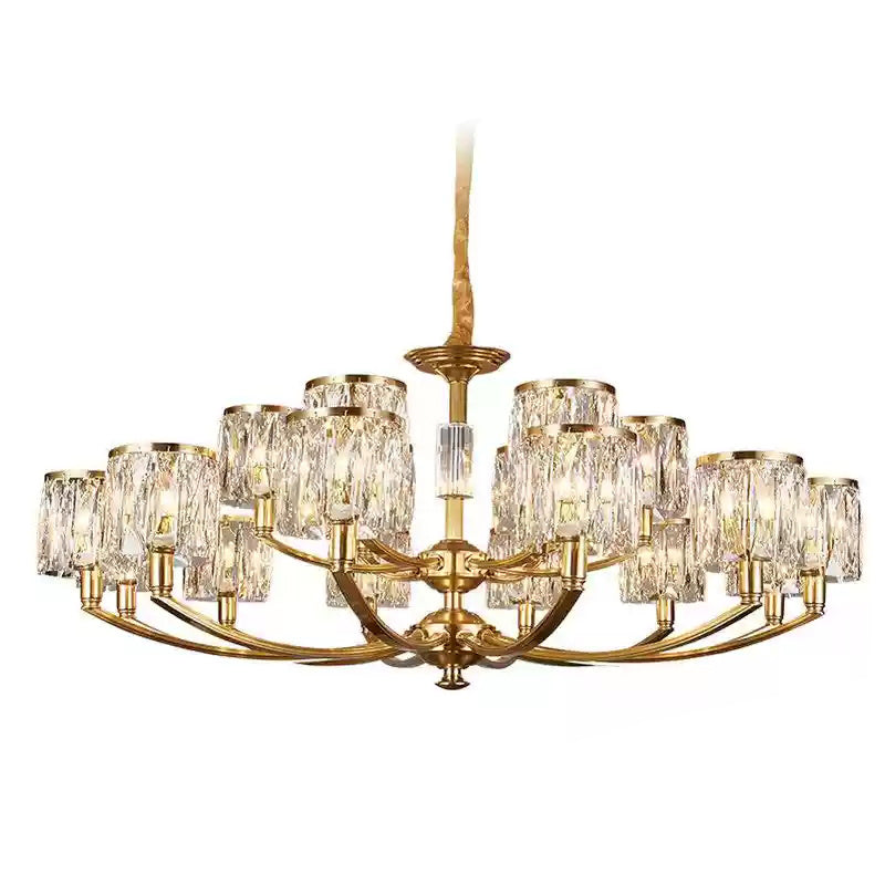 Crystal Column Brass Chandelier – Tiered Brass & Sculptural Crystal Column Chandelier