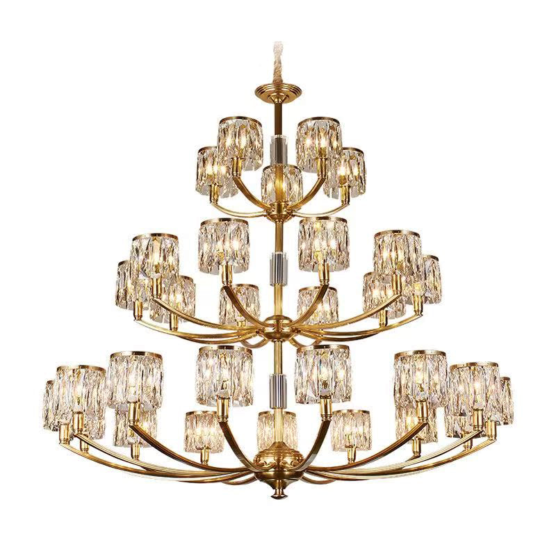 Crystal Column Brass Chandelier – Tiered Brass & Sculptural Crystal Column Chandelier