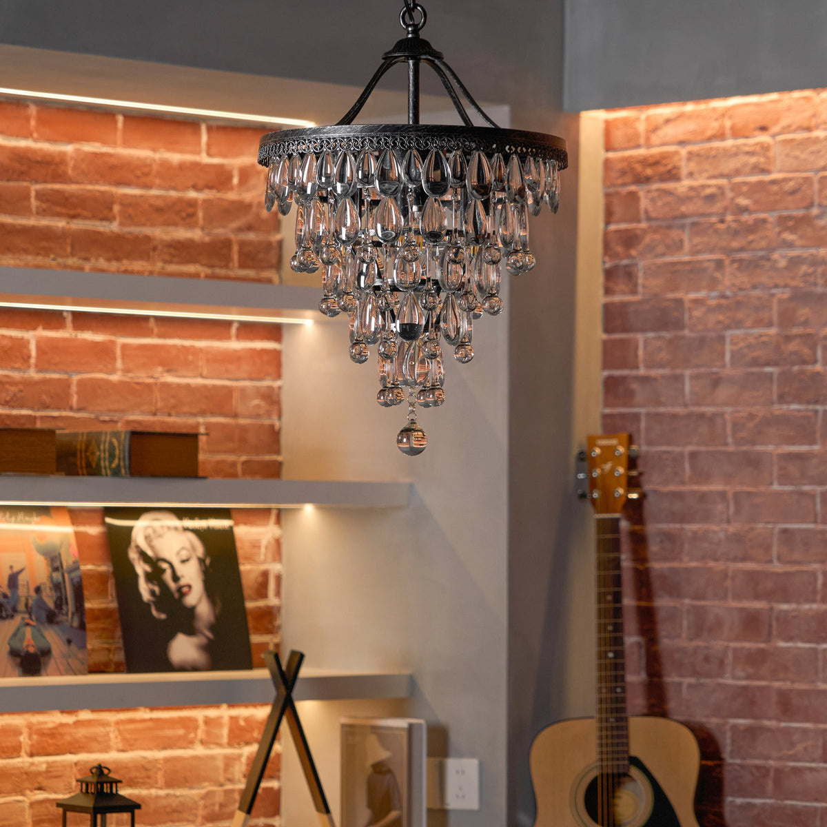 Crystal Inverted Pyramid Chandelier – Ancient Silver Tiered Crystal Pendant Light