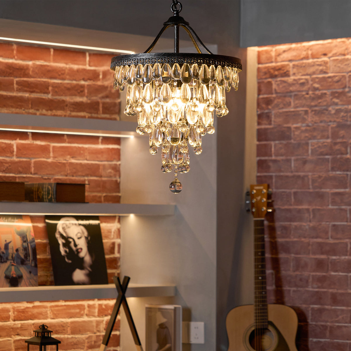 Crystal Inverted Pyramid Chandelier – Ancient Silver Tiered Crystal Pendant Light