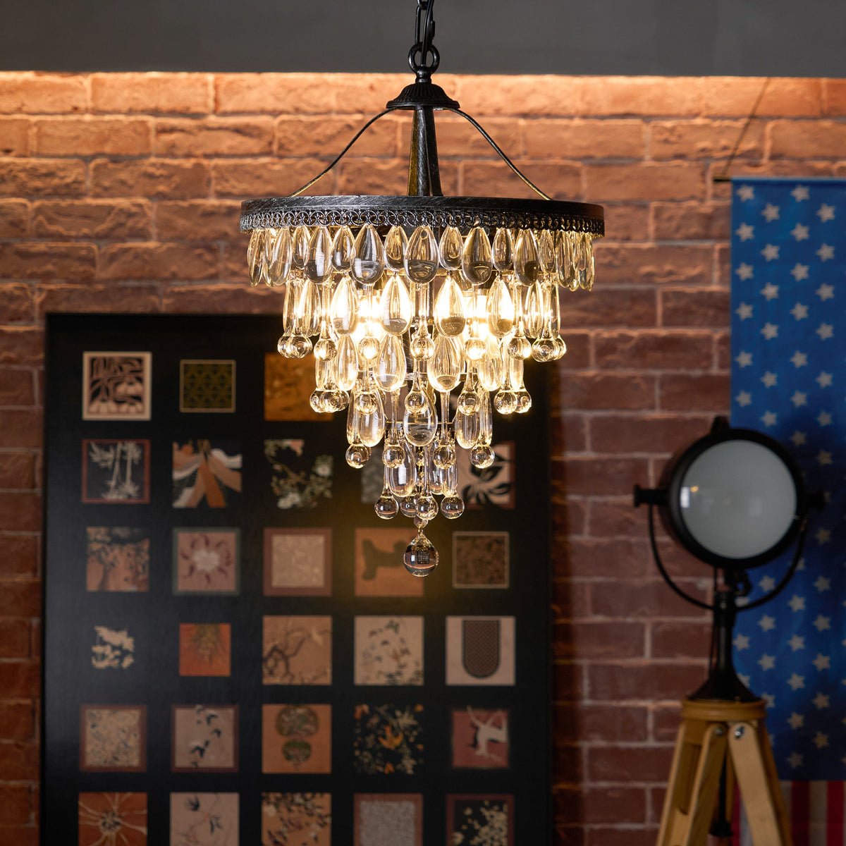 Crystal Inverted Pyramid Chandelier – Ancient Silver Tiered Crystal Pendant Light