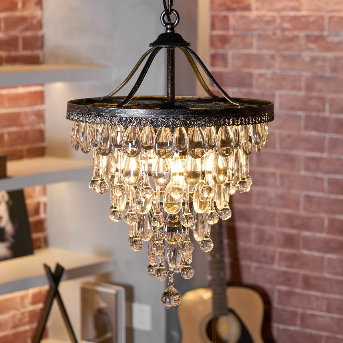 Crystal Inverted Pyramid Chandelier – Ancient Silver Tiered Crystal Pendant Light