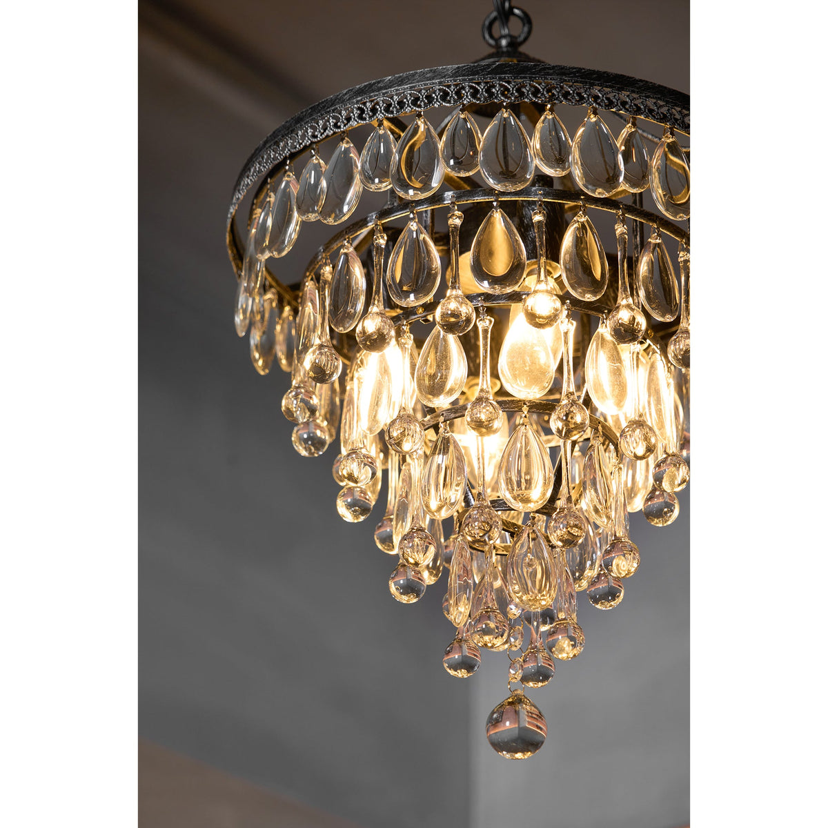 Crystal Inverted Pyramid Chandelier – Ancient Silver Tiered Crystal Pendant Light