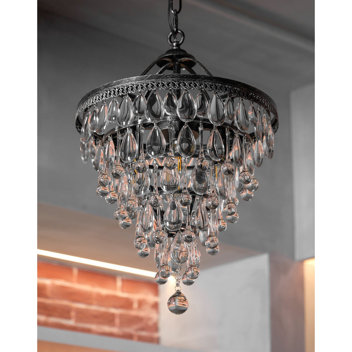 Crystal Inverted Pyramid Chandelier – Ancient Silver Tiered Crystal Pendant Light