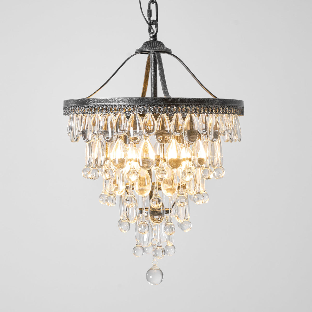 Crystal Inverted Pyramid Chandelier – Ancient Silver Tiered Crystal Pendant Light