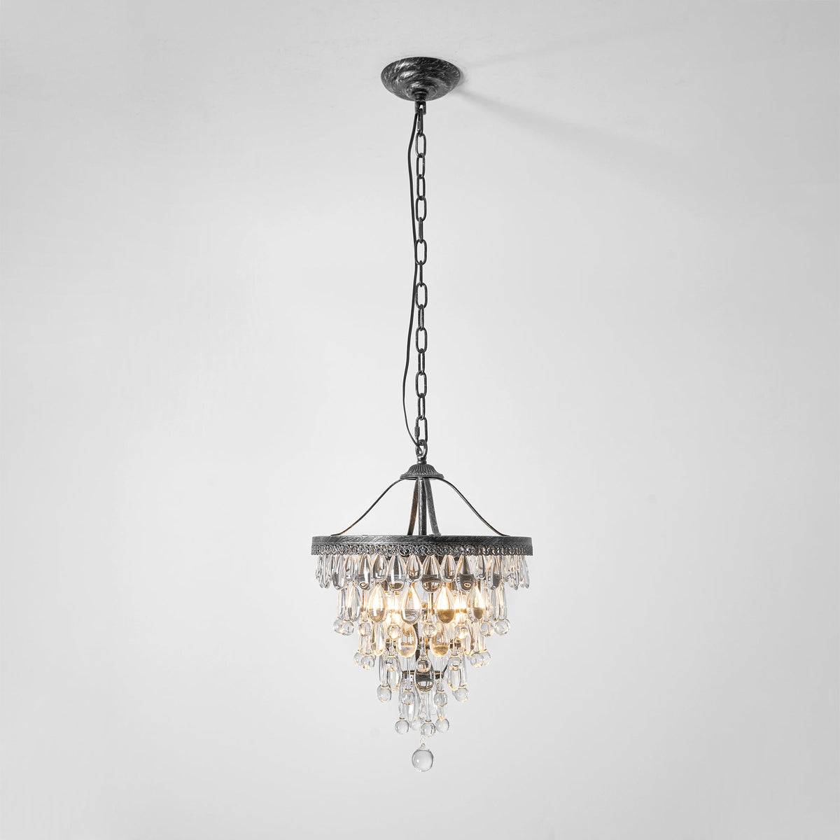 Crystal Inverted Pyramid Chandelier – Ancient Silver Tiered Crystal Pendant Light