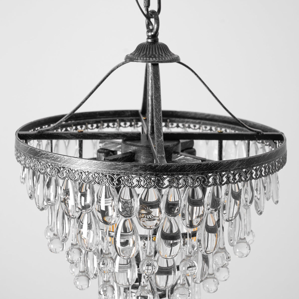 Crystal Inverted Pyramid Chandelier – Ancient Silver Tiered Crystal Pendant Light