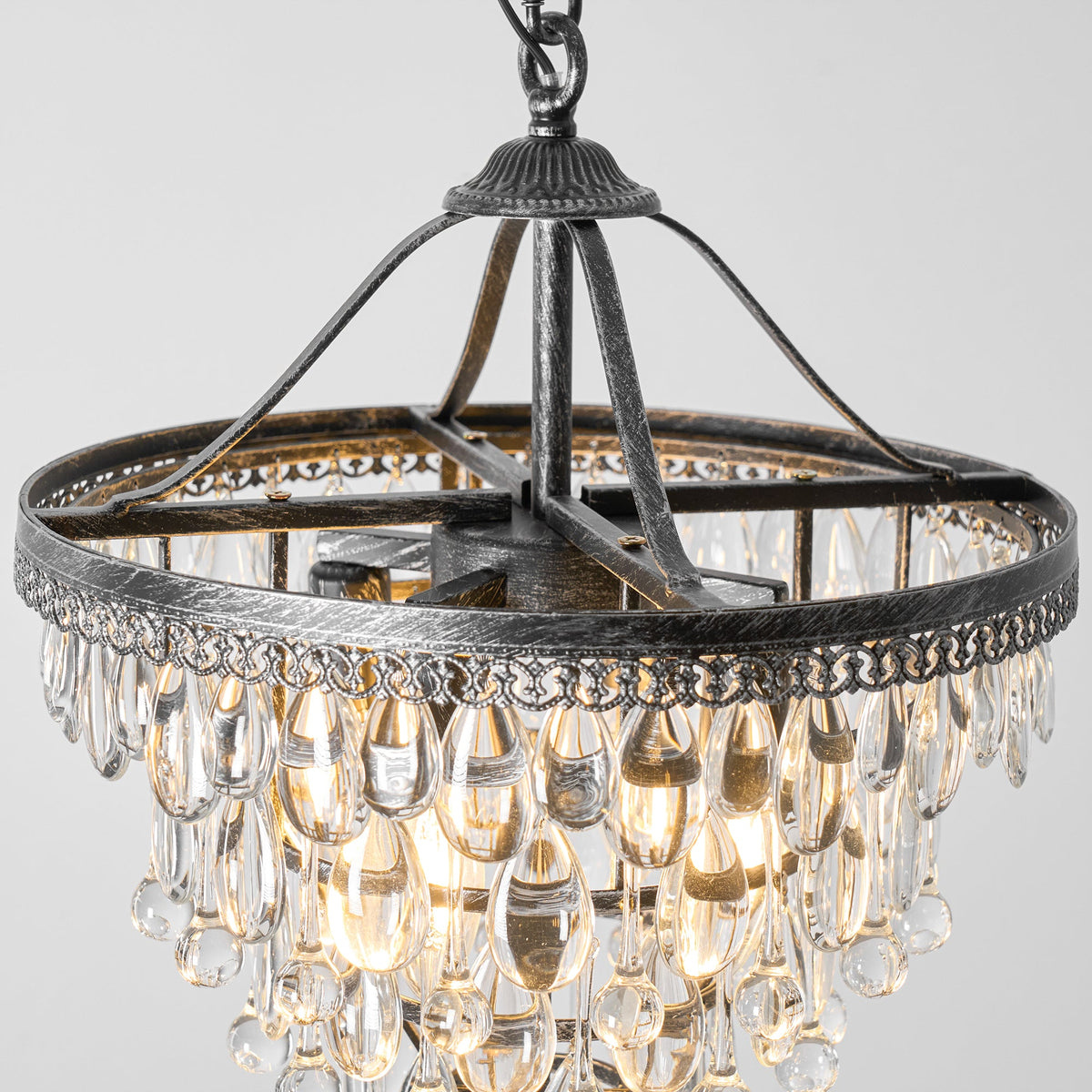 Crystal Inverted Pyramid Chandelier – Ancient Silver Tiered Crystal Pendant Light