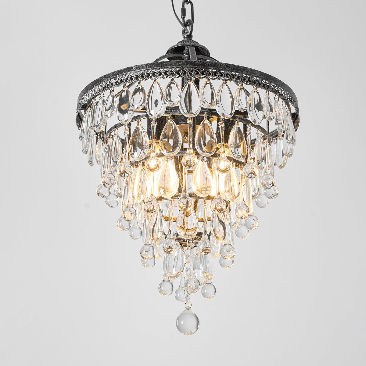 Crystal Inverted Pyramid Chandelier – Ancient Silver Tiered Crystal Pendant Light