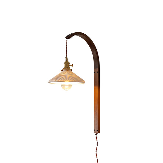 Curved Walnut Ceramic Plug-In Wall Light – Architectural Wood & Sculpted Shade Sconce