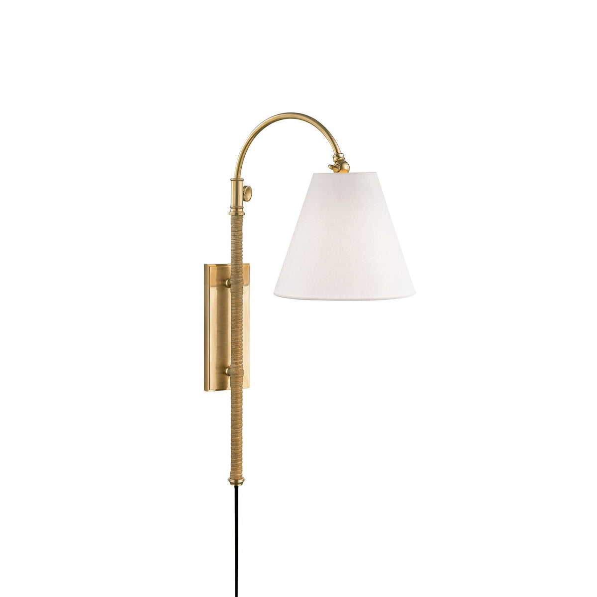 Curves Plug-In Sconce – Aged Brass Articulated Arm Wall Light with White Linen Shade