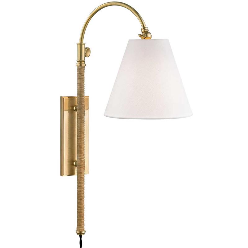 Curves Plug-In Sconce – Aged Brass Articulated Arm Wall Light with White Linen Shade