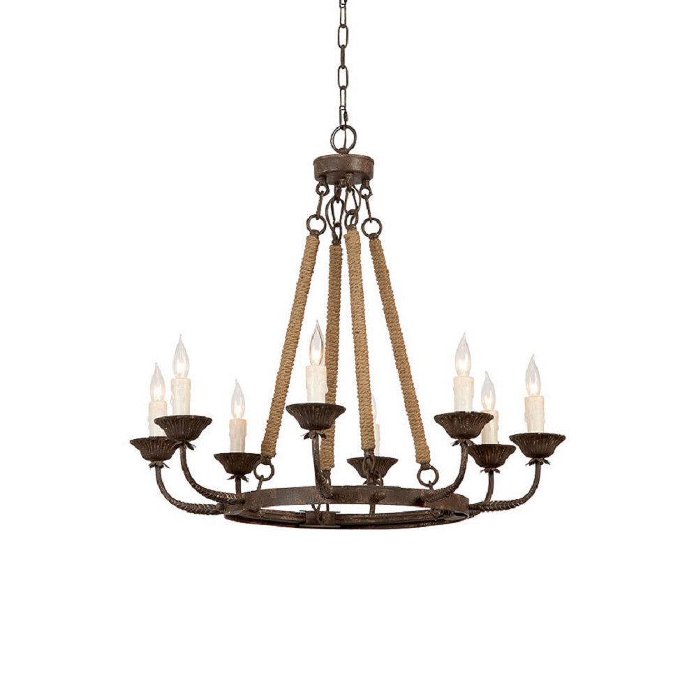 Cyrano Chandelier – Rustic Hemp Rope & Rust Iron Candle-Style Chandelier
