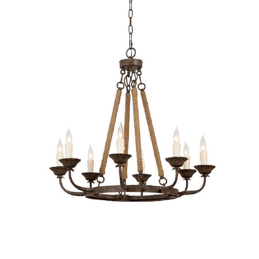 Cyrano Chandelier – Rustic Hemp Rope & Rust Iron Candle-Style Chandelier