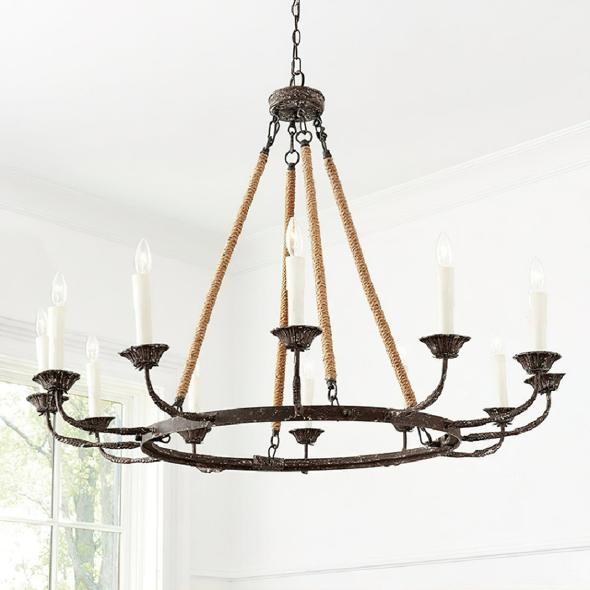 Cyrano Chandelier – Rustic Hemp Rope & Rust Iron Candle-Style Chandelier
