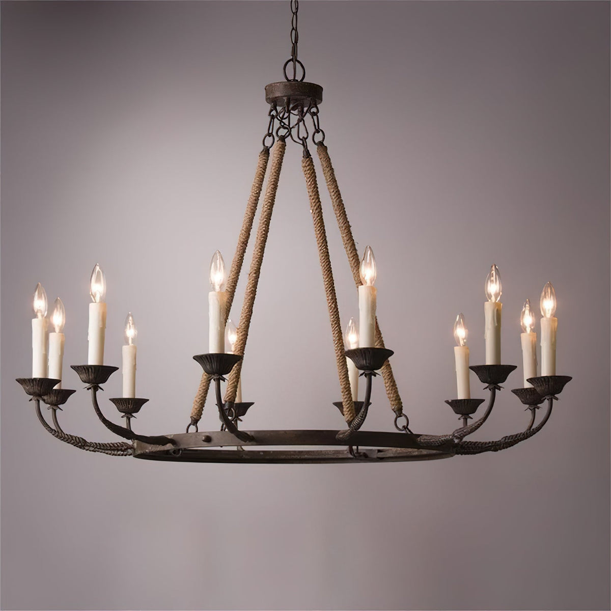 Cyrano Chandelier – Rustic Hemp Rope & Rust Iron Candle-Style Chandelier