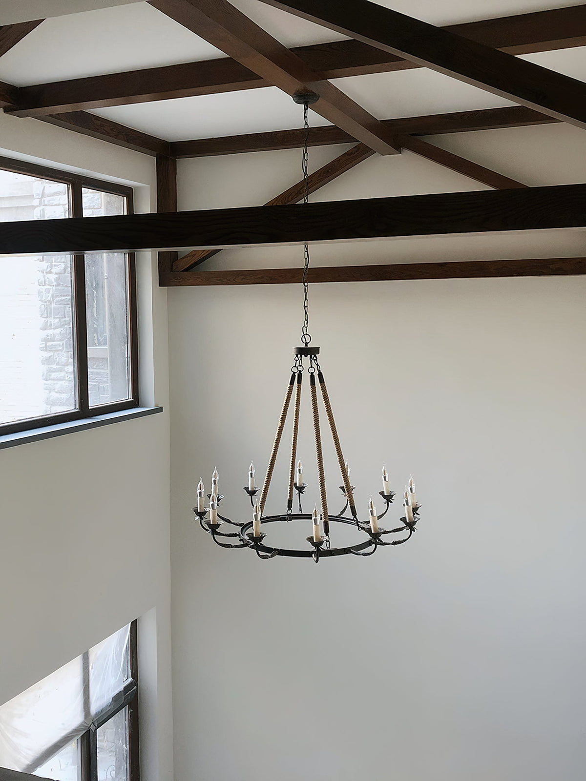 Cyrano Chandelier – Rustic Hemp Rope & Rust Iron Candle-Style Chandelier