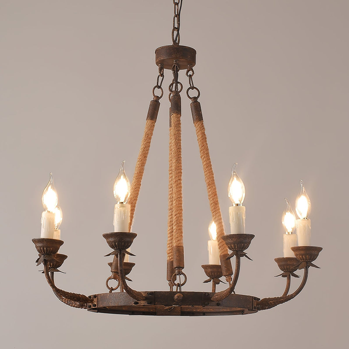 Cyrano Chandelier – Rustic Hemp Rope & Rust Iron Candle-Style Chandelier