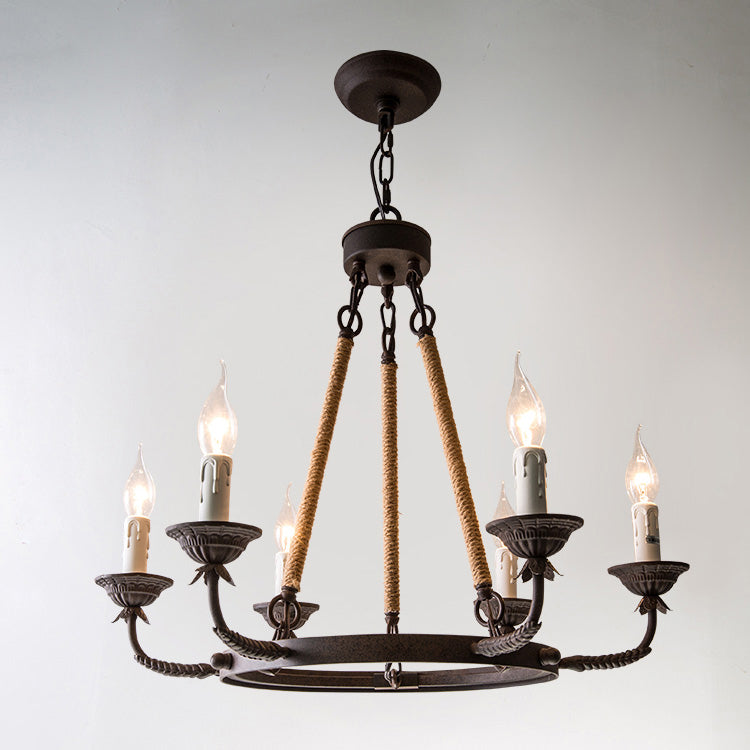 Cyrano Chandelier – Rustic Hemp Rope & Rust Iron Candle-Style Chandelier