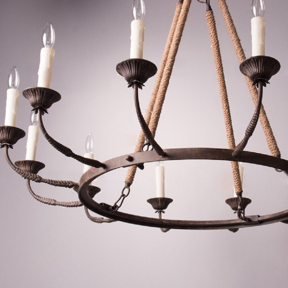 Cyrano Chandelier – Rustic Hemp Rope & Rust Iron Candle-Style Chandelier