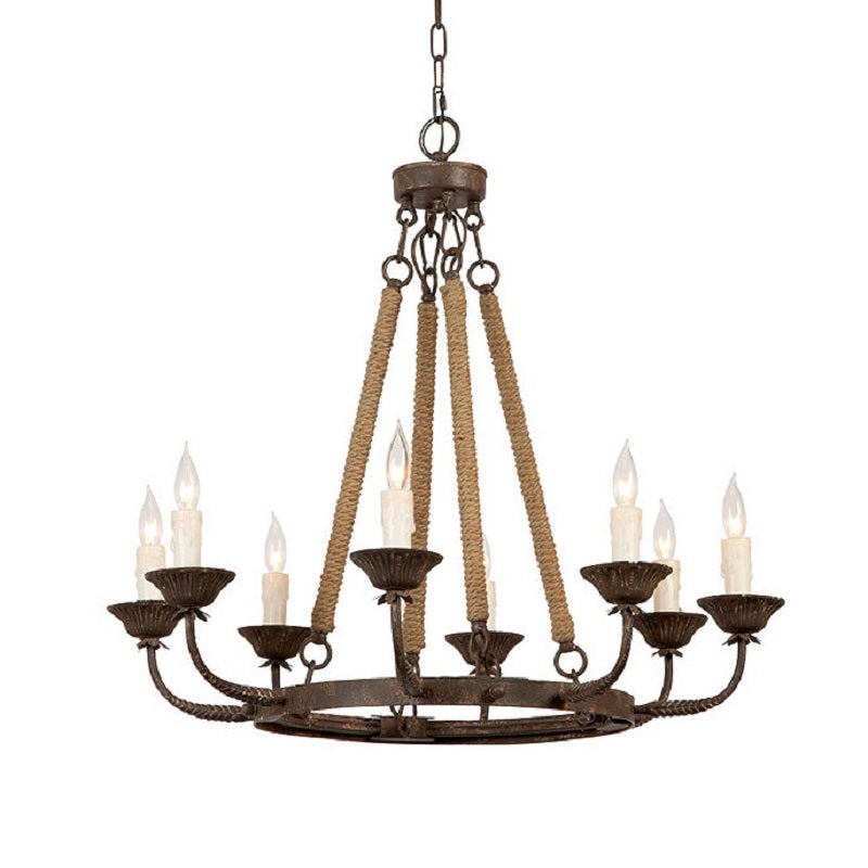 Cyrano Chandelier – Rustic Hemp Rope & Rust Iron Candle-Style Chandelier