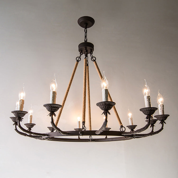 Cyrano Chandelier – Rustic Hemp Rope & Rust Iron Candle-Style Chandelier