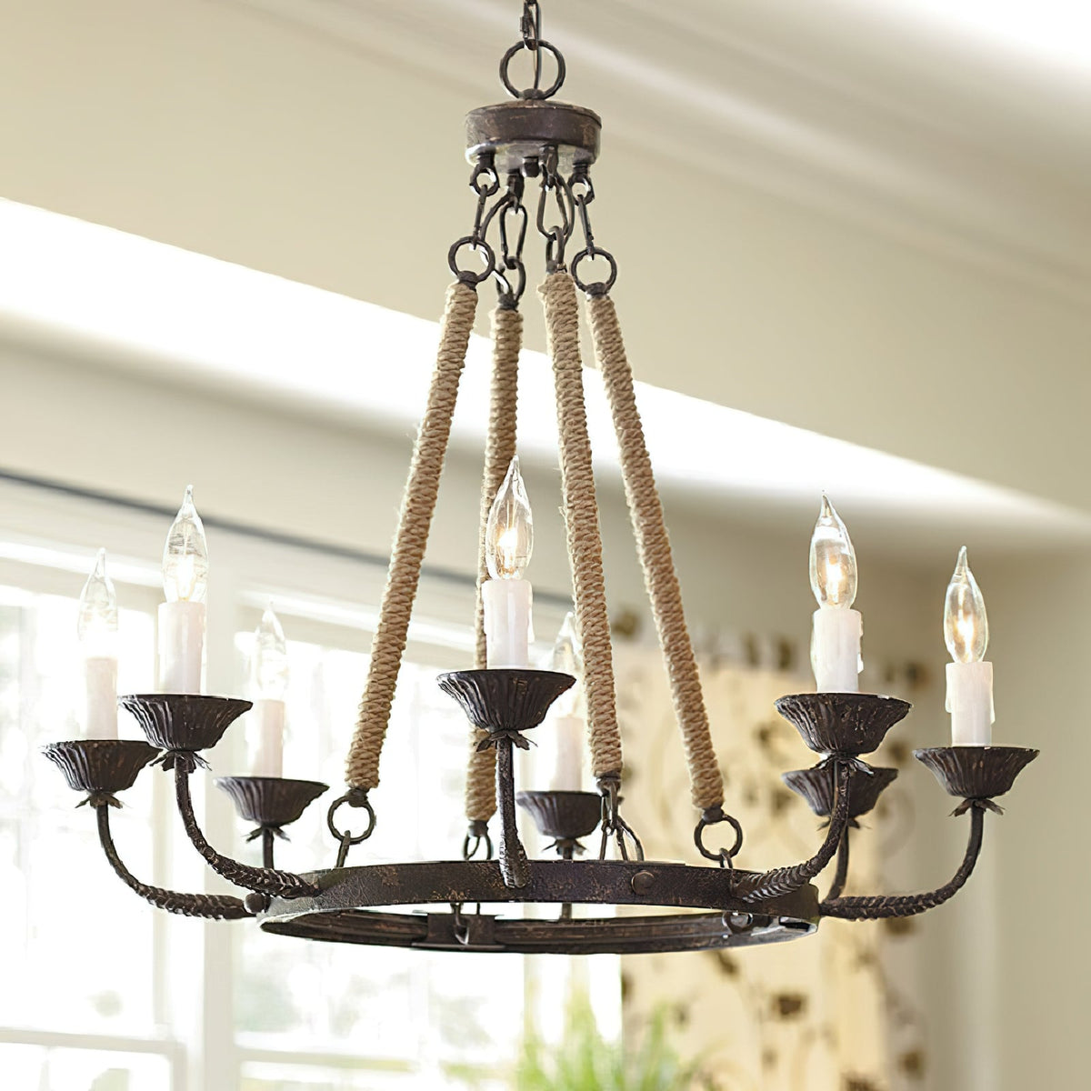 Cyrano Chandelier – Rustic Hemp Rope & Rust Iron Candle-Style Chandelier