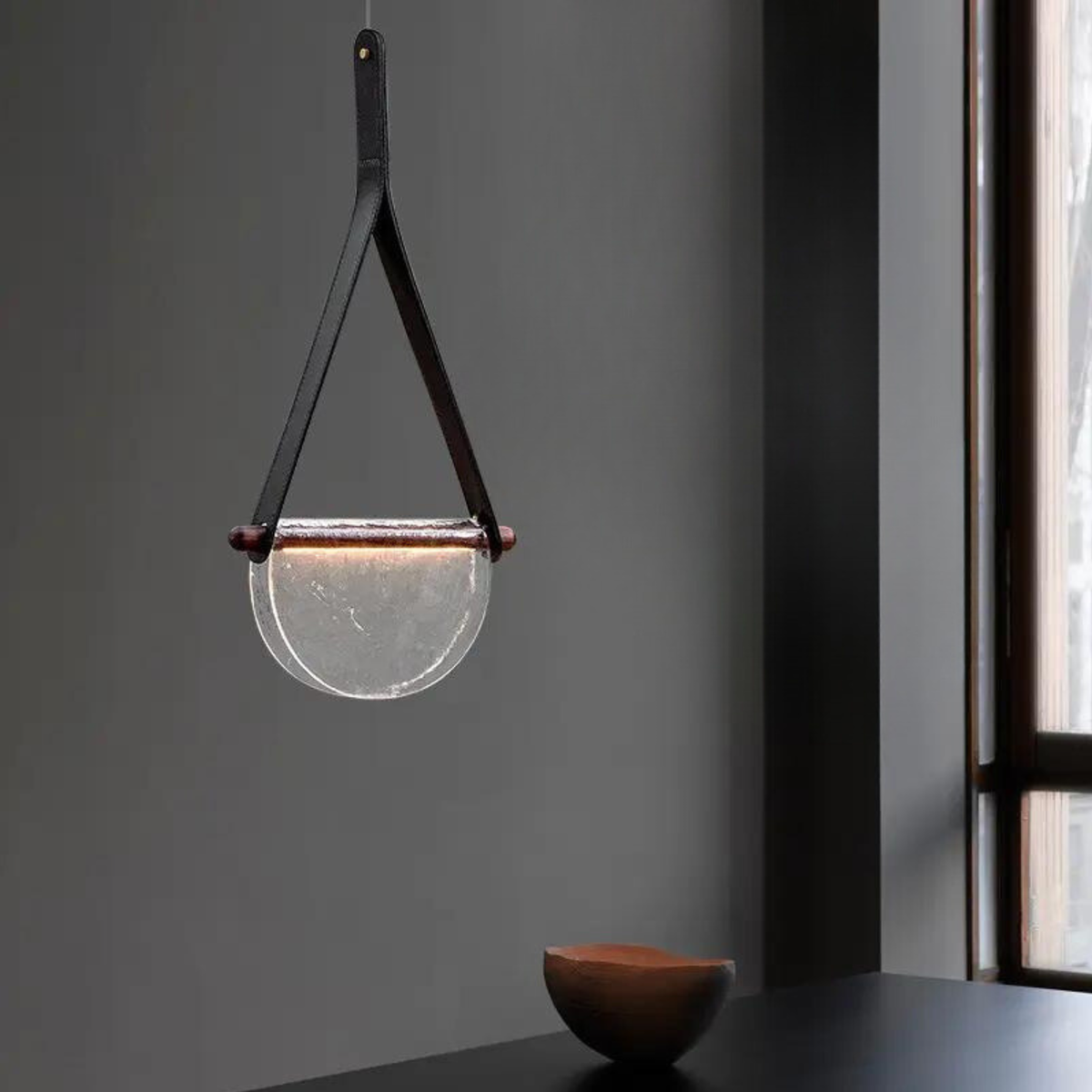 Dali Pendant Lamp – Melted Glass & Solid Wood LED Suspended Light with Leather Strap