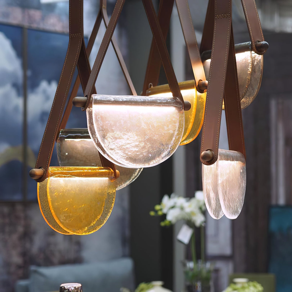Dali Pendant Lamp – Melted Glass & Solid Wood LED Suspended Light with Leather Strap