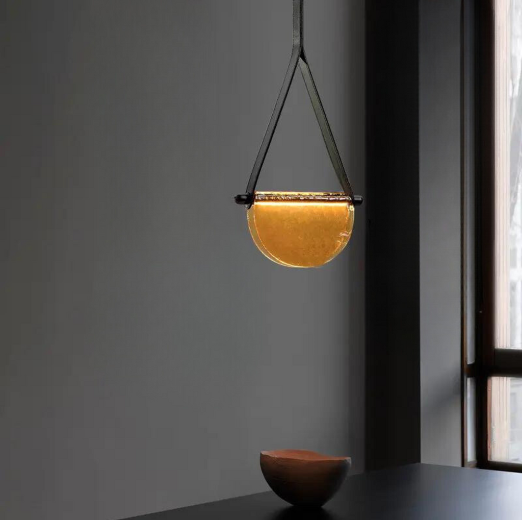 Dali Pendant Lamp – Melted Glass & Solid Wood LED Suspended Light with Leather Strap