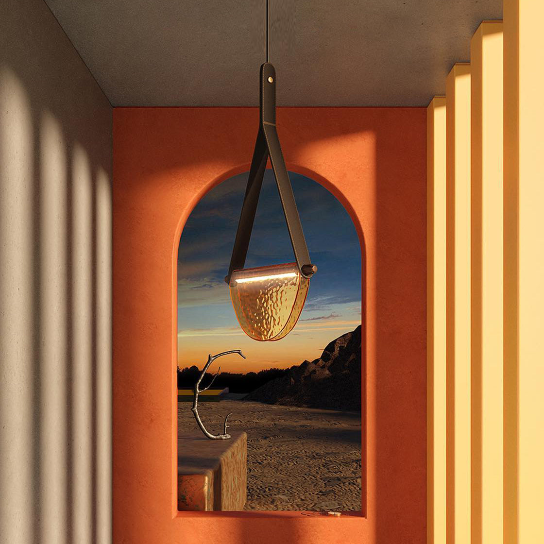 Dali Pendant Lamp – Melted Glass & Solid Wood LED Suspended Light with Leather Strap