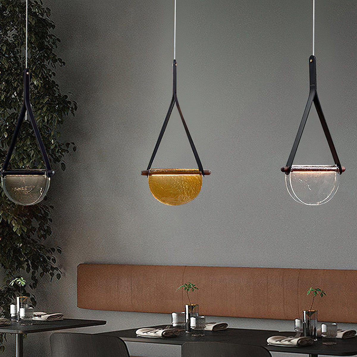 Dali Pendant Lamp – Melted Glass & Solid Wood LED Suspended Light with Leather Strap