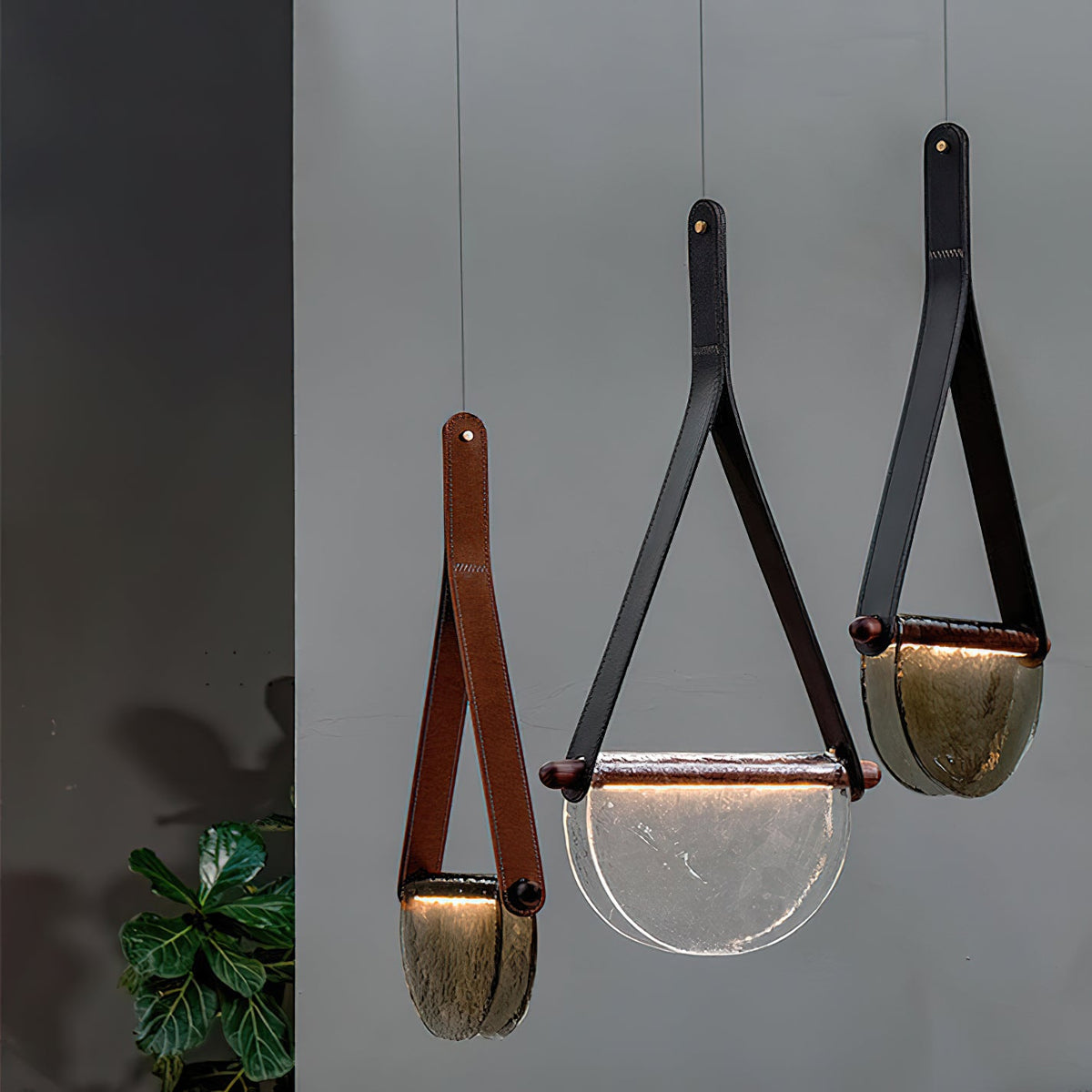 Dali Pendant Lamp – Melted Glass & Solid Wood LED Suspended Light with Leather Strap