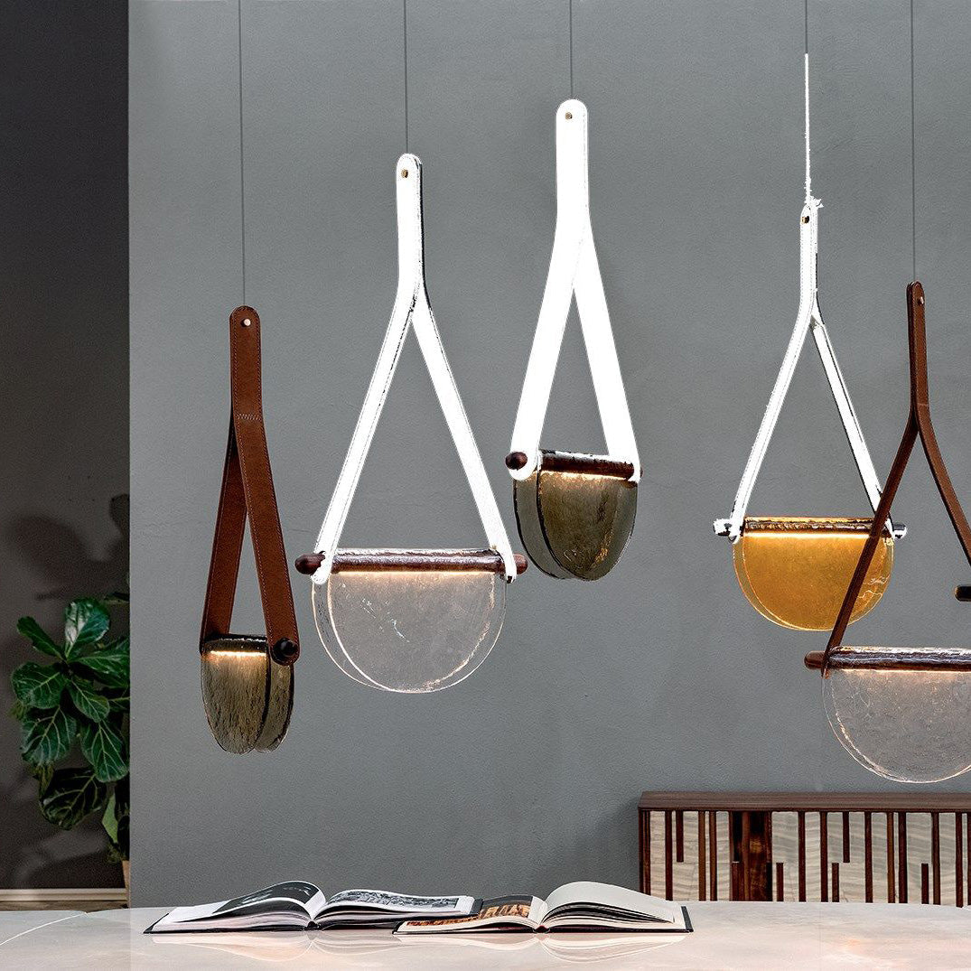 Dali Pendant Lamp – Melted Glass & Solid Wood LED Suspended Light with Leather Strap