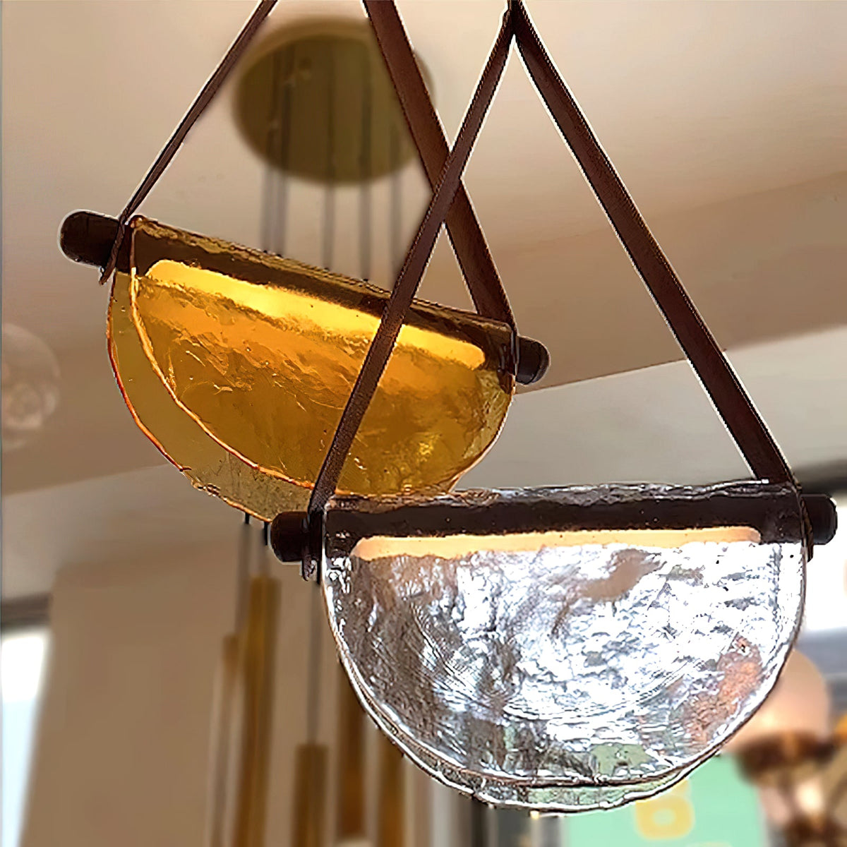 Dali Pendant Lamp – Melted Glass & Solid Wood LED Suspended Light with Leather Strap